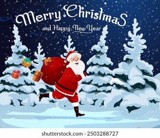 Christmas Santa runs with bag of gifts for winter holiday, cartoon vector background. Funny Santa happy smiling and running with torn bag of gifts in forest with snowflakes for New Year greeting