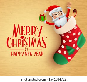 Christmas santa sack hang vector design template. Merry christmas greeting card in empty space for messages with cute xmas character santa claus holding gift inside a hanging sack in brown wood.