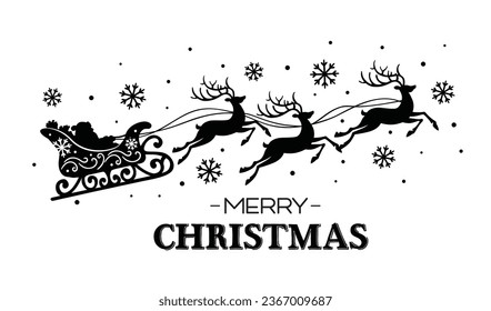 Christmas Santa Sleigh Black and white with Merry Christmas Wordings, Snowflakes and Reindeer- Christmas Black and white Vector Illustration