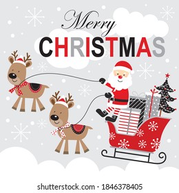 Christmas santa and sleigh for greeting card and gift bag or box