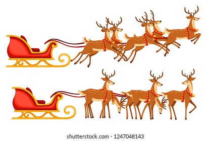 Christmas santa sleigh and group of deer. Flat vector illustration isolated on white background. Red wooden sleigh with flying mythical deer.