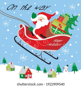 Christmas santa and sleigh illustration for christmas greeting card or gift bag and box