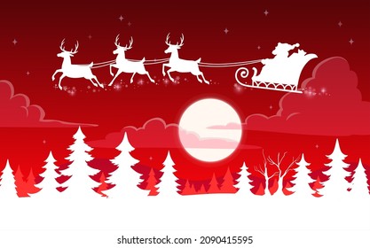 Christmas Santa sleigh on night moon sky vector silhouettes. Xmas reindeer sledge and Santa Claus flying in night sky with snow, clouds and snowflakes, winter forest trees and stars, greeting card