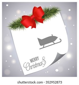 Christmas Santa sleigh. Page curl Christmas tree fir on glowing snowflakes background