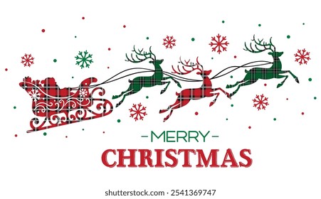 Christmas Santa Sleigh with Red and Green Plaids Isolated.Merry Christmas Wordings, Snowflakes and Reindeer- Christmas plaid Illustration