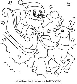 Christmas Santa Sleigh And Reindeer Coloring Page