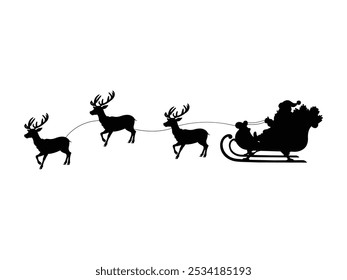 Christmas Santa sleigh silhouette with reindeers. Santa Claus and flying sledge. Xmas gift bag and present boxes. Vector Illustration