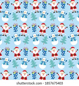 Christmas santa, snowman, tree and gift pattern for greeting card or gift wrap