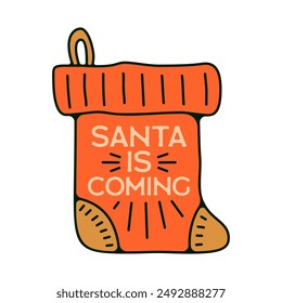 Christmas Santa sock Label, Sticker, Stamp and Badge Design Elements in retro style. New Year holiday elements isolated on white background. Vector illustration