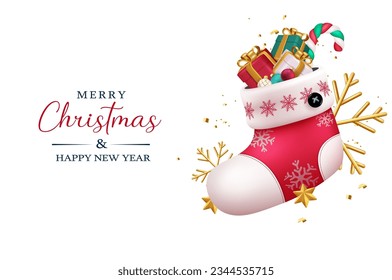 Christmas santa sock vector design. Merry christmas and happy new year greeting text with santa stocking in elegant background. Vector illustration holiday season decoration.
