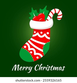 Christmas santa socks with xmas elements, candy cane, holly berry in green background. Vector illustration greeting card. Merry Christmas text vector design