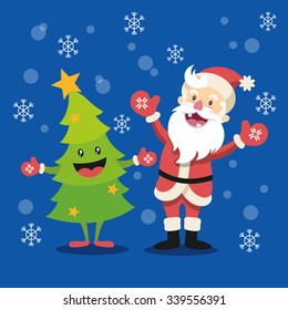 Christmas Santa and tree. Vector flat illustration