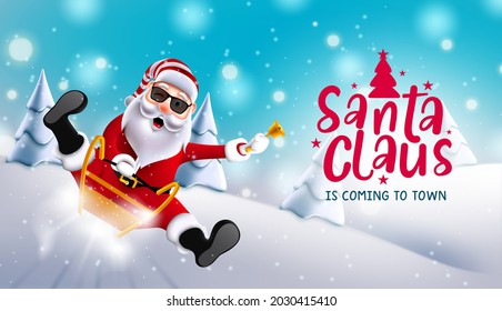 Christmas santa vector background design. Santa claus is coming to town text with christmas character sliding and riding sleigh in snow for xmas season celebration. Vector illustration.
