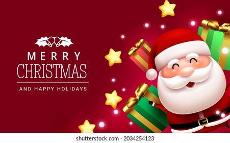 Christmas santa vector background design. Merry christmas text in red space with santa claus character and xmas gifts elements for happy holiday greeting. Vector illustration.
