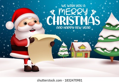 Diseño de pancartas vectoriales de navidad santa. Feliz navidad texto con santa claus caracter leyendo lista de deseos en invierno de nieve para celebración navideña. Ilustración vectorial. 