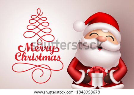 Christmas santa vector banner template. Merry christmas text in white empty space for messages with santa claus character holding gift for holiday gift giving season greeting celebration.