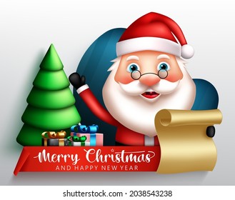 Christmas santa vector concept design. Merry christmas greeting text with friendly santa claus waving and holding letter for xmas happy holiday. Vector illustration.

