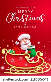 Weihnachten santa Vektor Poster Design. Fröhlicher Weihnachtstext mit Santa-Claus-Charakter Reiten Schlitten auf rotem Hintergrund für Weihnachten sogar Geschenk geben. Vektorgrafik.
