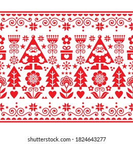 Patrón ininterrumpido de vectores de Santa Navidad, adorno festivo al estilo del arte folclórico escandinavo en rojo y blanco. Navidad tradicional nórdica alegre trasfondo textil con Santa Claus, corazones, flores y copos de nieve