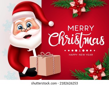 Christmas santa vector template design. Merry christmas greeting text in red board space with santa claus character holding gift element for xmas holiday season card. Vector illustration.

