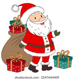 Christmas santa.Christmas card. Funny cartoon Santa Claus with a big red bag of gifts. Hand drawn text -