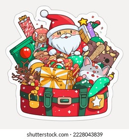Christmas santa's bag cartoon sticker, xmas bag full of toys stickers elements. New-year holidays