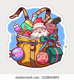 Christmas santa's bag cartoon sticker, xmas bag full of toys. Winter holidays