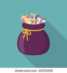 Christmas santa's bag with different gifts and presents  icon with long shadow. Vector illustration minimal flat design. 