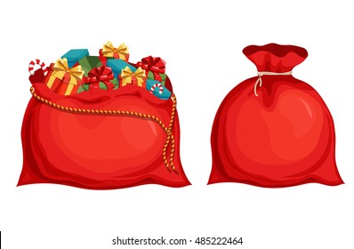 Christmas Santa's bag  with full of gift boxes and present. Holiday object vector illustration. 