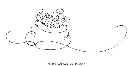 Christmas Santa's bag full of gifts. Continuous line drawing. 