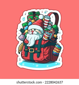 Christmas santa's bag sticker, xmas bag full of toys printable stickers sheet. Multicolor