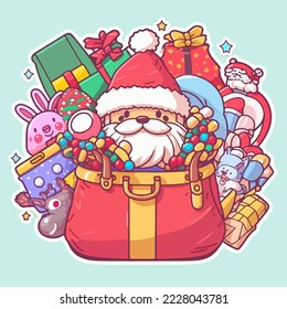 Christmas santa's bag sticker, xmas bag full of toys printable stickers sheet. New-year collection