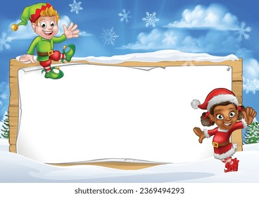 A Christmas Santas elf sign background cartoon border with two of Santa Claus elves in a winter landscape