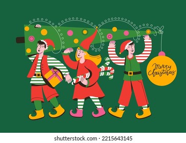 Christmas Santas Elves cute little boys and girl. Santas helpers bringing gifts and christmas tree. Vector illustration for congratulation card, website, celebration, poster, banner.