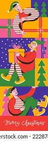 Christmas Santas Elves cute little boys and girl. Santas helpers with gifts. Merry Christmas greeting card, banner or poster. Vector illustration
