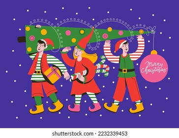 Los Elfos de Navidad son chicos y chicas lindas. Ayudantes de Papá Noel trayendo regalos y árboles de navidad. Ilustración vectorial para tarjeta de felicitación, sitio web, celebración, afiche, banner.