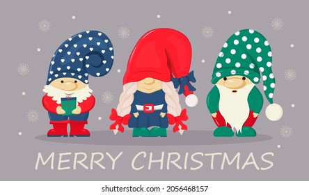 Christmas, Santa's fairy helper illustration. New year, Merry Christmas greeting, xmas card. Garden gnome statue. Dwarf, trowel vector.  Gnome with beard. Three leprechaun character in red hat.