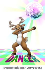 A Christmas Santas reindeer cartoon character dabbing or doing a fun dab dance on dancefloor with disco ball