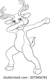 A Christmas Santas reindeer cartoon character dabbing or doing a fun dab dance. In black and white outline like a coloring book page.