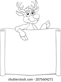 A Christmas Santas reindeer cartoon character peeking over blank sign with copyspace. In black and white outline like a coloring book page.