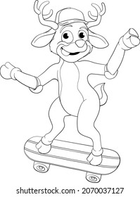 A Christmas Santas reindeer skateboarding on a skate board cartoon. In black and white outline like a coloring book page.