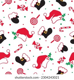 Christmas Santa's Stuff, Boots, Hat and Gloves with Peppermint Candy- Christmas Vector Design 