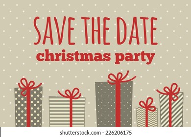 Christmas Save The Date Card. Illustration Of Christmas Gifts On A Polka Dot Background.