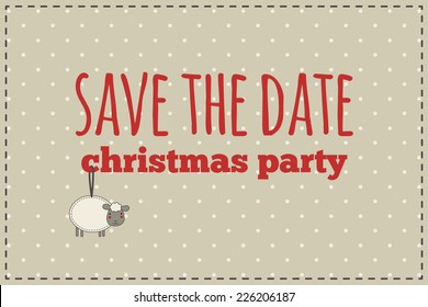 Christmas save the date card. Illustration of christmas sheep with gift bow on a polka dot background.