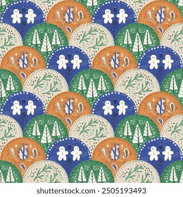 Christmas scallop seamless pattern. Xmas baubles arch repeat background. Paisley ornament, gingerbread man and evergreen trees branches retro endless design. Vector hand drawn flat illustration.