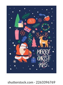 Christmas scandi banner. Santa claus and deer with gifts under snowfall. Symbol of winter holidays and festivals, New Year. Invitation and greeting postcard design. Cartoon flat vector illustration