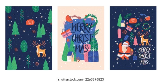 Christmas scandi banner set. Collection of graphic elements for website. Gifts, pressents and symbols of winter holidays and New Year. Cartoon flat vector illustrations isolated on white background