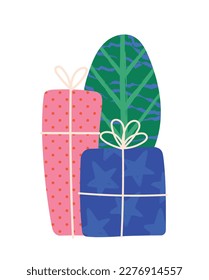 Christmas Scandi gift boxes. Multicolored presents and surprises in bright packaging against background of green leaf. Poster or banner for website. Cartoon flat vector illustration