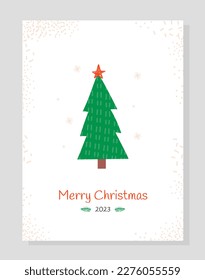 Christmas scandi minimalistic banner. Christmas tree with red star under snowfall. Symbol of winter holidays and festivals. Template, layout and mock up. Cartoon flat vector illustration