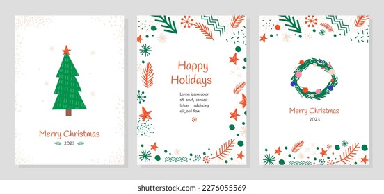 Christmas scandi minimalistic banners set. Collection of graphic elements for website. Christmas tree, wreath and text. Greeting card. Cartoon flat vector illustrations isolated on grey background